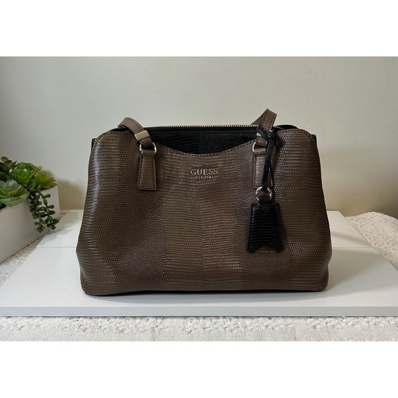 GUESS‎ Satchel Purse Brown Lizard Embossed Faux Leather Top Handle Bag - Picture 2 of 16